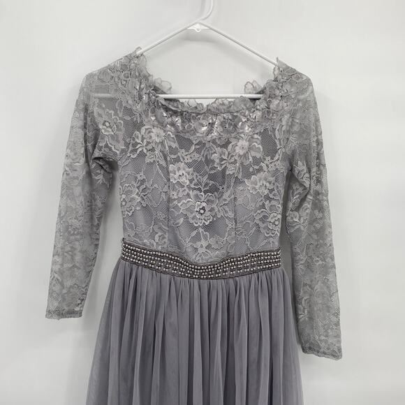 Little Mistress Lace Top Gray Silver Long Sleeve Knee Length Dress US 2 - Picture 2 of 10